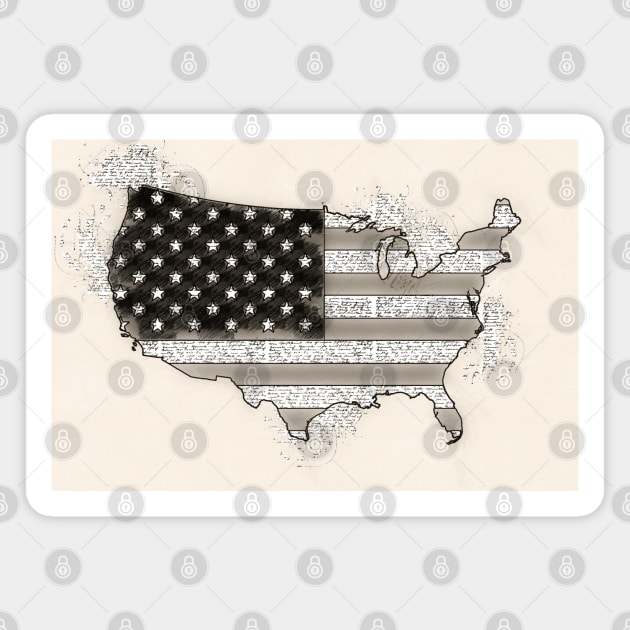 Vintage USA Map with American Flag Black and White sketch drawing Magnet by Naumovski